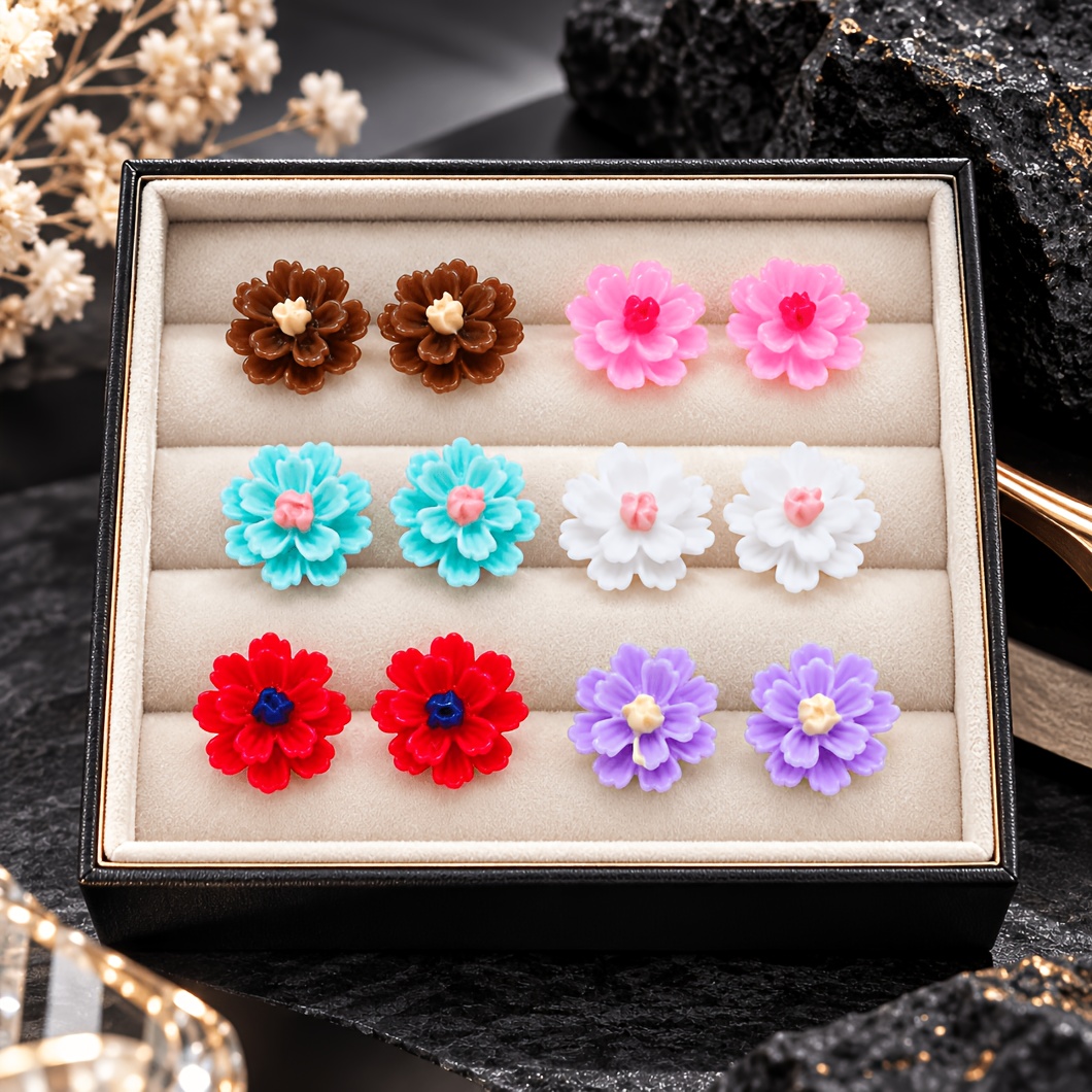 Multicolor Flower Stud Earrings Set, 6-Pairs
